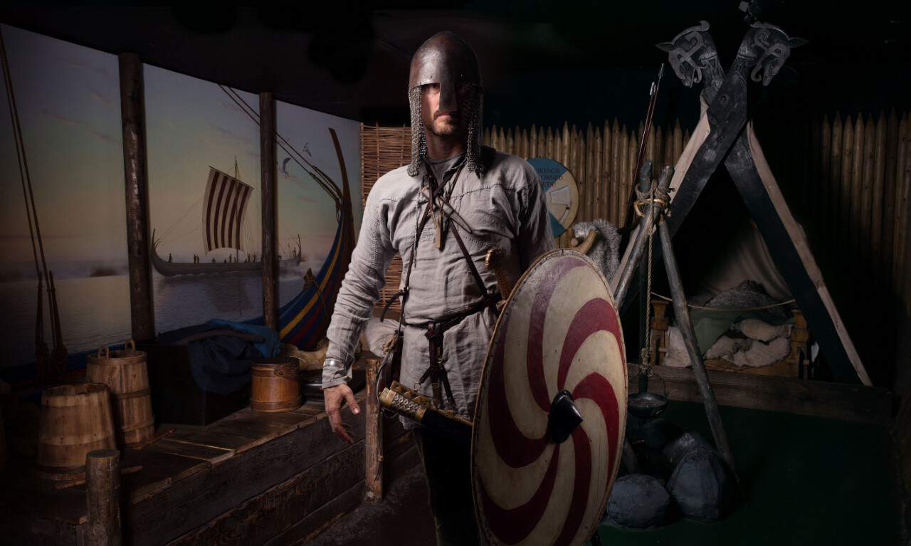 Man dressed up as a Viking, in Dublinia museum Dublin. Courtesy Dublinia