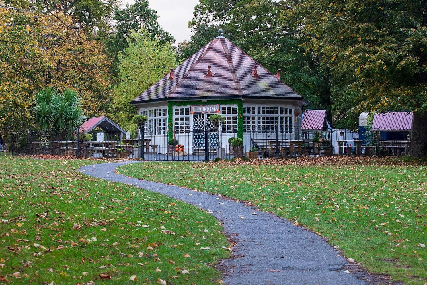 The Tea Rooms in Phoenix Park, Dublin. Autumnal scene with leaves on the ground. Courtesy Fionn Davenport
