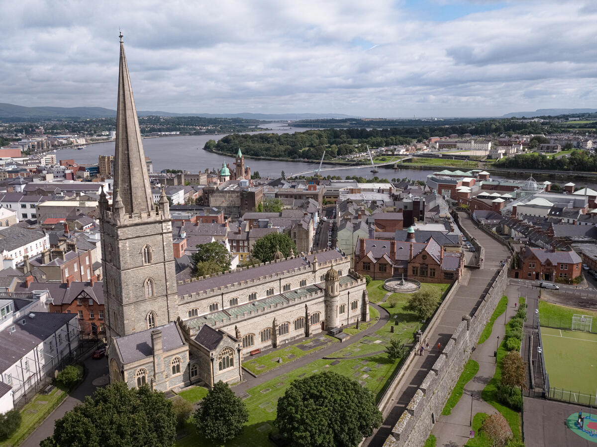 St Columb's Cathedral, aerial, Derry Walls, Co. Derry~Londonderry